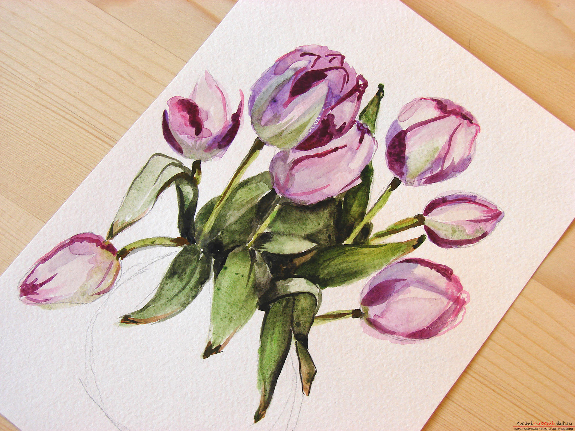Мастер-класс по рисованию с фото научит как нарисовать цветы, подробно описав как рисуются тюльпаны поэтапно.. Фото №19